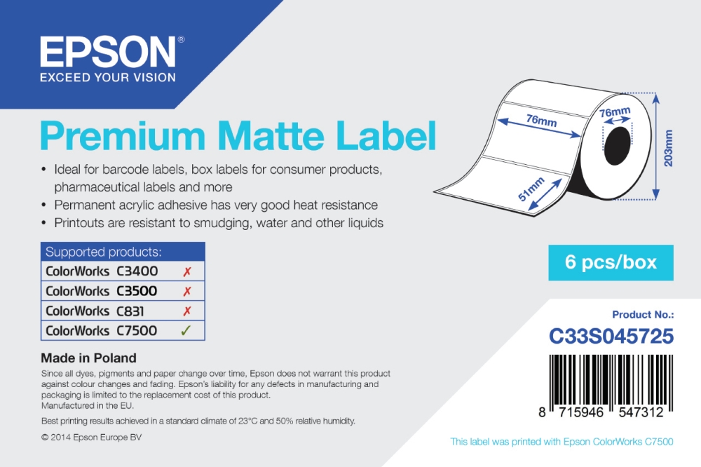 Epson 76mm Printer Labels - White